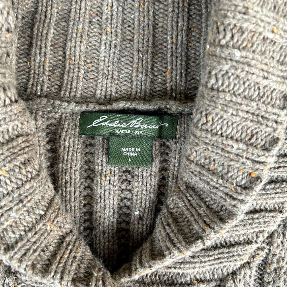 Eddie Bauer Angora Wool Cardigan Sweater Sz Large Cable Knit Chunky Shawl Neck - Picture 5 of 8
